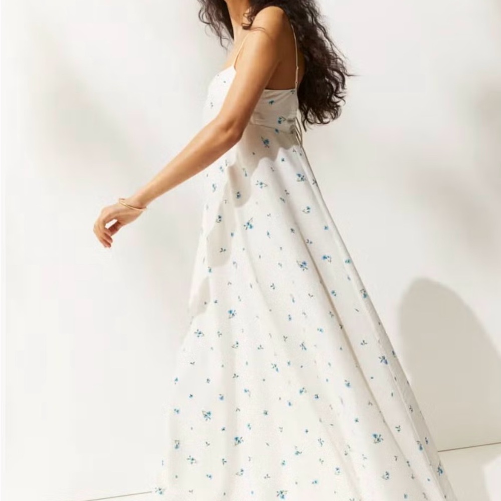 H&M White Strapless Dress with Blue Floral Pattern
